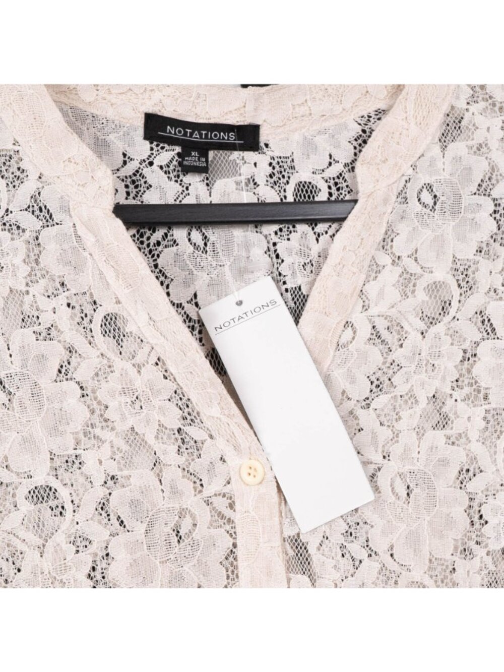 Lace Button Up Blouse XL Womens NEW Beige Sheer 3/4 Sleeves Shirt VNeck - Picture 5 of 7